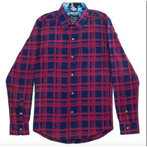 PLADRA Men's Elli Midweight Flannel Navy Plaid Button Up Shirt Bear Print XL